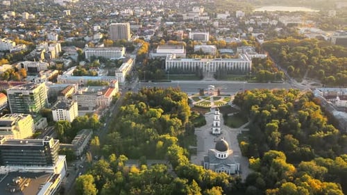 Aerial drone view of Chisinau downtown at sunset. Panorama view of Central Park, Cathedral
