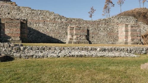 GAMZIGRAD, SERBIA - DECEMBER 25, 2017 Slow tilt on Felix Romuliana palace built by Roman Emperor Ga