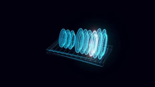 Futuristic Wireframe Audio Visualizer with Dynamic Glowing Waveforms