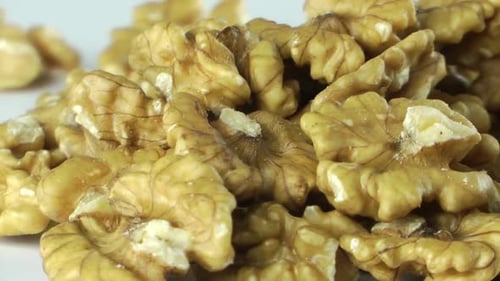 Shelled Walnut Halves Close-Up Panning Shot