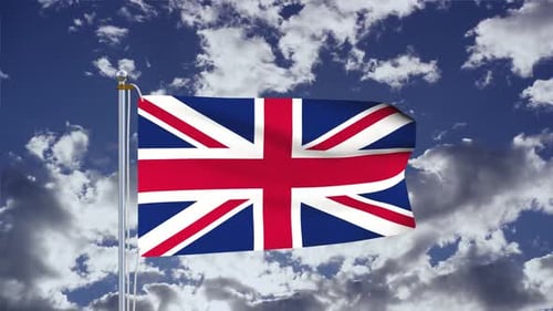 Realistic 3D Union Jack Flag Waving in Blue Sky