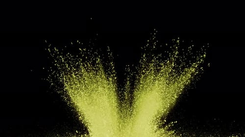 Gelbes Pulver explodiert auf schwarzem Hintergrund in Superzeitlupe, aufgenommen mit Phantom Flex 4K