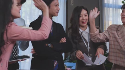 Group businesspeople team conference and discussion while harmony for success at office.