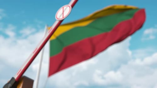 Lithuanian Flag with Barrier and Coronavirus Restriction Sign