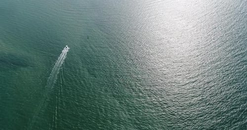 Aerial view of speed boats on the sea near beach city