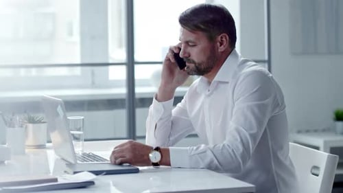 Man Works on Laptop Talking on Cellphone at Desk
