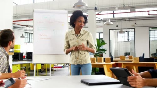 Woman Presenting Startup Ideas to Colleagues in Office