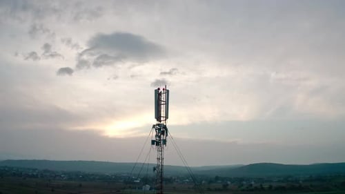 Aerial Drone View. Communication Transmitter Tower in the Countryside. Midel Shot V2