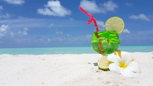 Aerial top view nature of relaxing island beach wildlife by blue green sea with bright sand backgrou