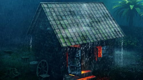 Rustic Cabin in Heavy Rain at Night