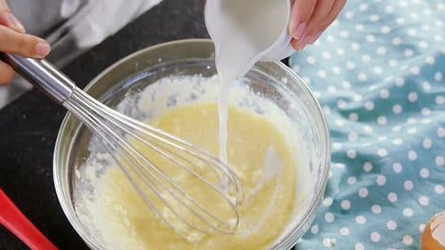 Pouring Milk into Bowl for Baking Recipe