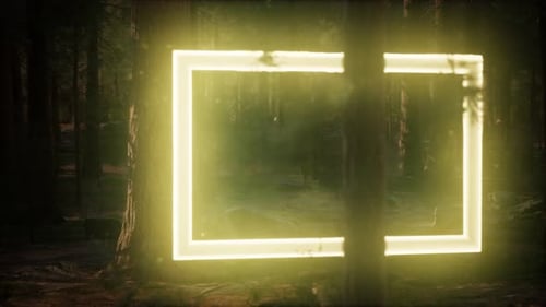 Neon Glowing Rectangle Frame in the Night Forest
