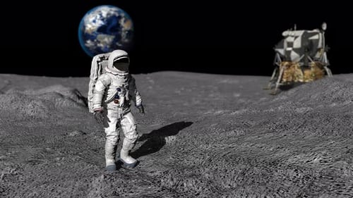 Astronaut Exploring Moon Surface with Earth and Lunar Module