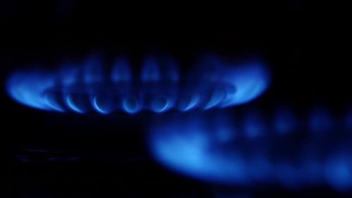 Blue Flames on Two Gas Burners. Close Up