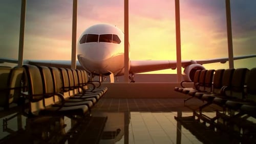 An airplane zoom-in animation in the airport terminal waiting room area. HD