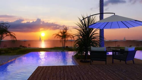Strandhaus Mit Meerblick Swimmingpool Und Sonnenuntergang Im Hintergrund