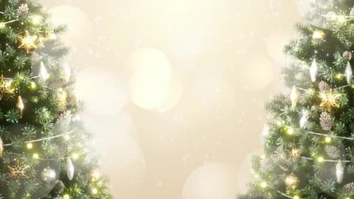 Sparkling Christmas Trees Background with Falling Snow and Golden Bokeh