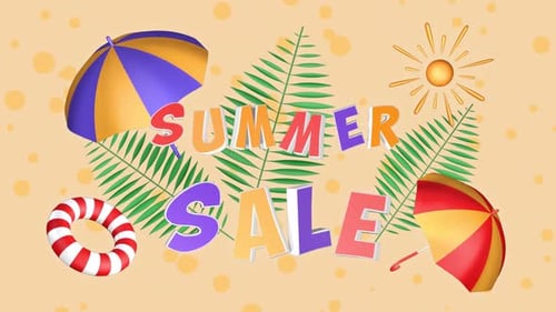 Summer Sale, animación 3D con título, hojas tropicales, sombrillas y sol