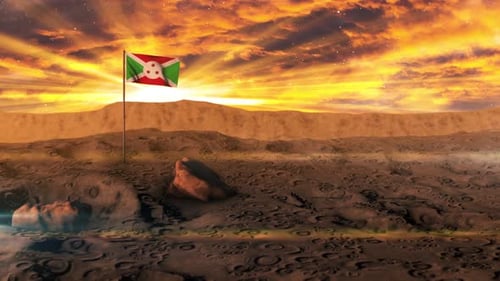 Waving Flag on Futuristic Space Landscape at Sunset