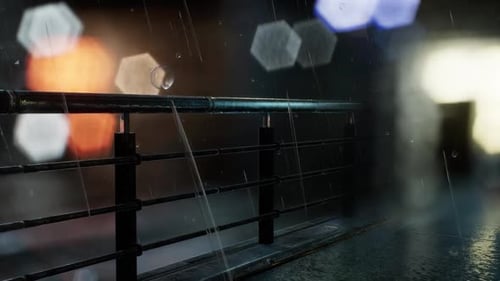 Rainy Night Cityscape with Bokeh Lights and Wet Ground