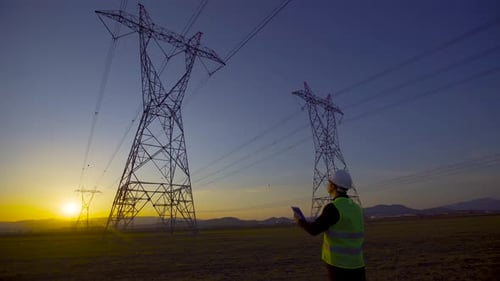 Engineer Uses Tablet Near Electrical Towers at Sunset