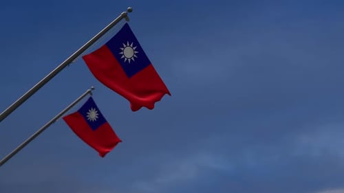 Realistic Taiwan National Flag Waving in Blue Sky