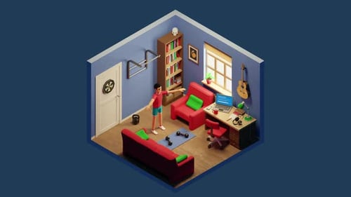 Animated Isometric Home Workout and Remote Work Scene