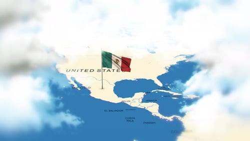 Mapa de México y bandera con nubes