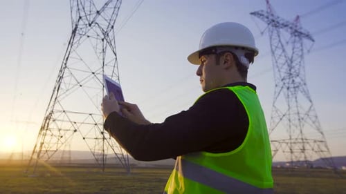 Man Using Tablet Near Power Lines at Sunset