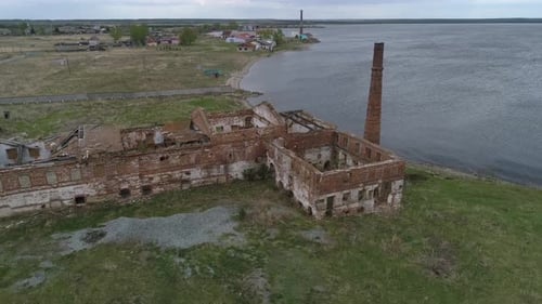 Aerial view of old brick ruined building with a brick pipe 05