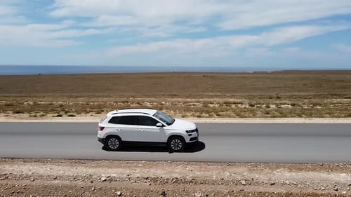 Un avion survole une voiture circulant sur la route dans la steppe
