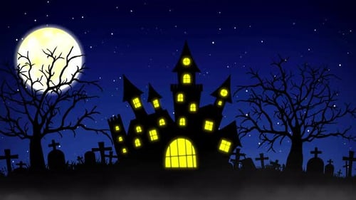 Halloween Background Animation with the Concept of Haunted Castle Moon and Spooky Trees