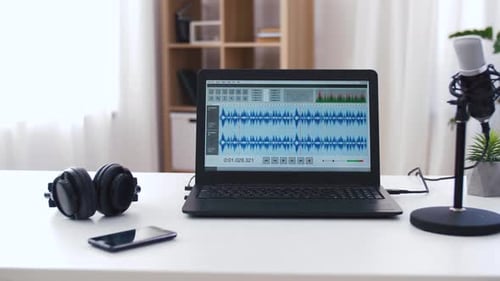 Sound Editor Program on Laptop at Home Office