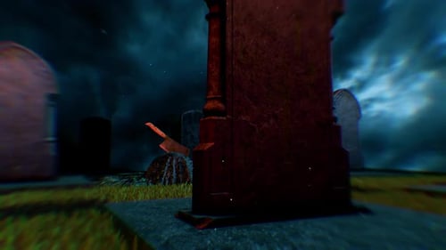 Halloween Graveyard Scene with Skulls and Moving Axe Glitch Effect