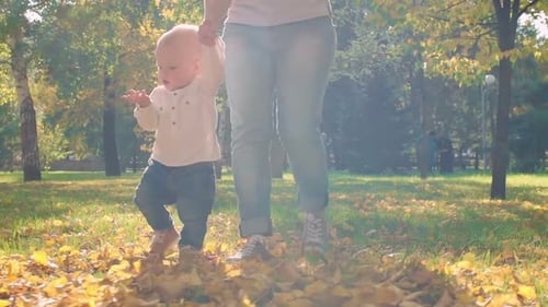 Mother and Little Son Walking in Park