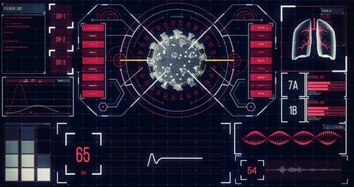 Animation der auf einem Bildschirm analysierten Makro-Coronavirus-Covid-19-Zelle mit medizinischen Informationen