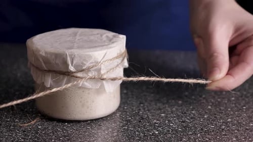 Sourdough Starter Jar Tied with Twine Opened