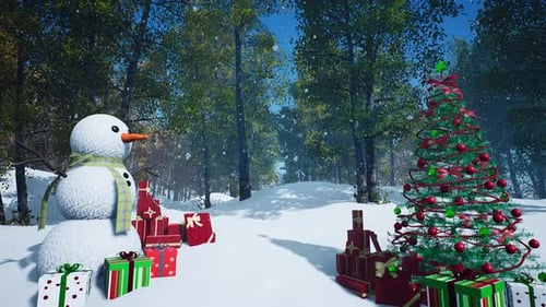 Festive Winter Landscape with Snowman, Christmas Tree, and Presents