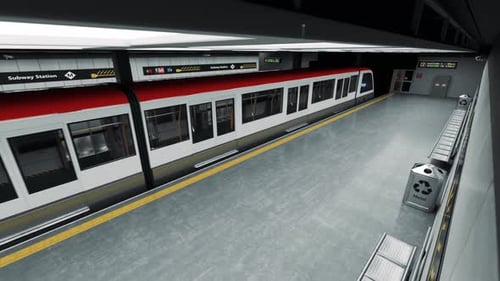 Tren subterráneo vacío que llega al andén de la estación de metro. Transportación