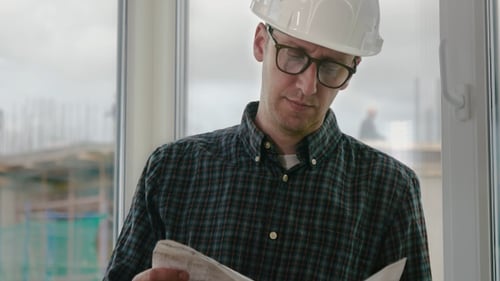 Architect Examining Building Plans in Modern Workspace