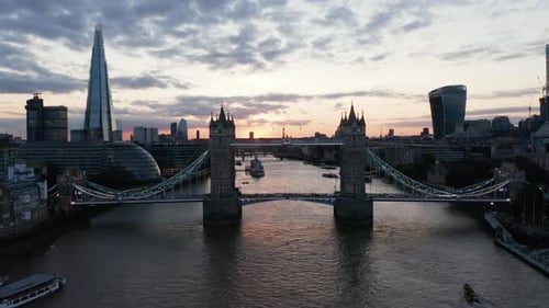 Forwards Fly Above Thames River Towards Old and Famous Tower Bridge