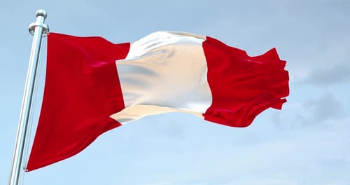 Realistic Peru Flag Waving Against Blue Sky