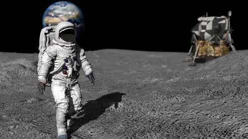 Astronaut Walks on Moon with Earth and Lunar Lander