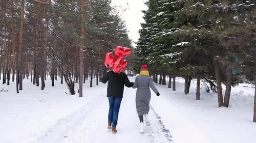Couple Walking in Snowy Woods with Heart Balloons