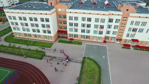 Aerial View Schoolchild Walking on Sport Ground School Yard, School Soccer Field