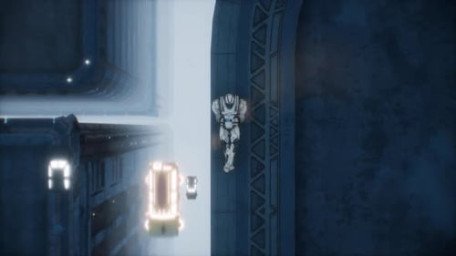 Futuristic Robot Walks on Sci-Fi City Road Animation