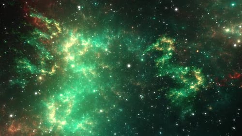 Camera flying through the clouds and star field in outer space