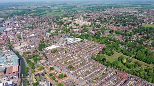Aerial footage of the Lincoln Cathedral, Lincoln Minster in the UK