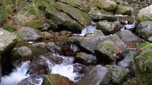 Mountain Creek. Water Moves Down Through Rocks in the Mountains