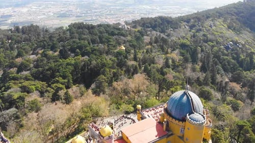 Aerial Drone View of Pena Palace Sintra Lisbon Portugal UNESCO World Heritage